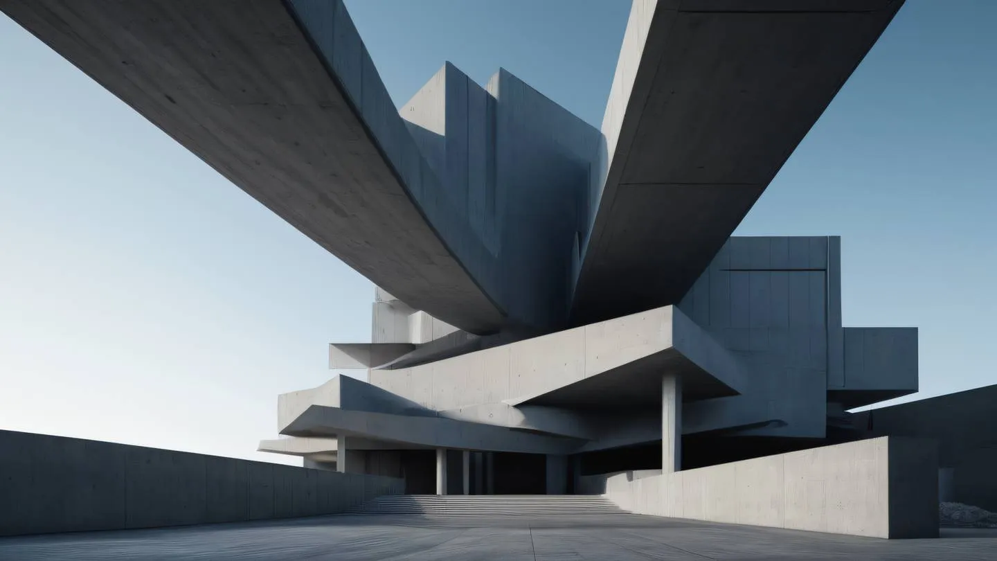 A modern abstract architectural structure with floating geometric shapes featuring dusty blue and concrete elements against a stark black background. Shot from a low angle perspective creating a sense of grandeur and scale high-quality ultra-realistic cinematic 8K UHD high resolution sharp and detail