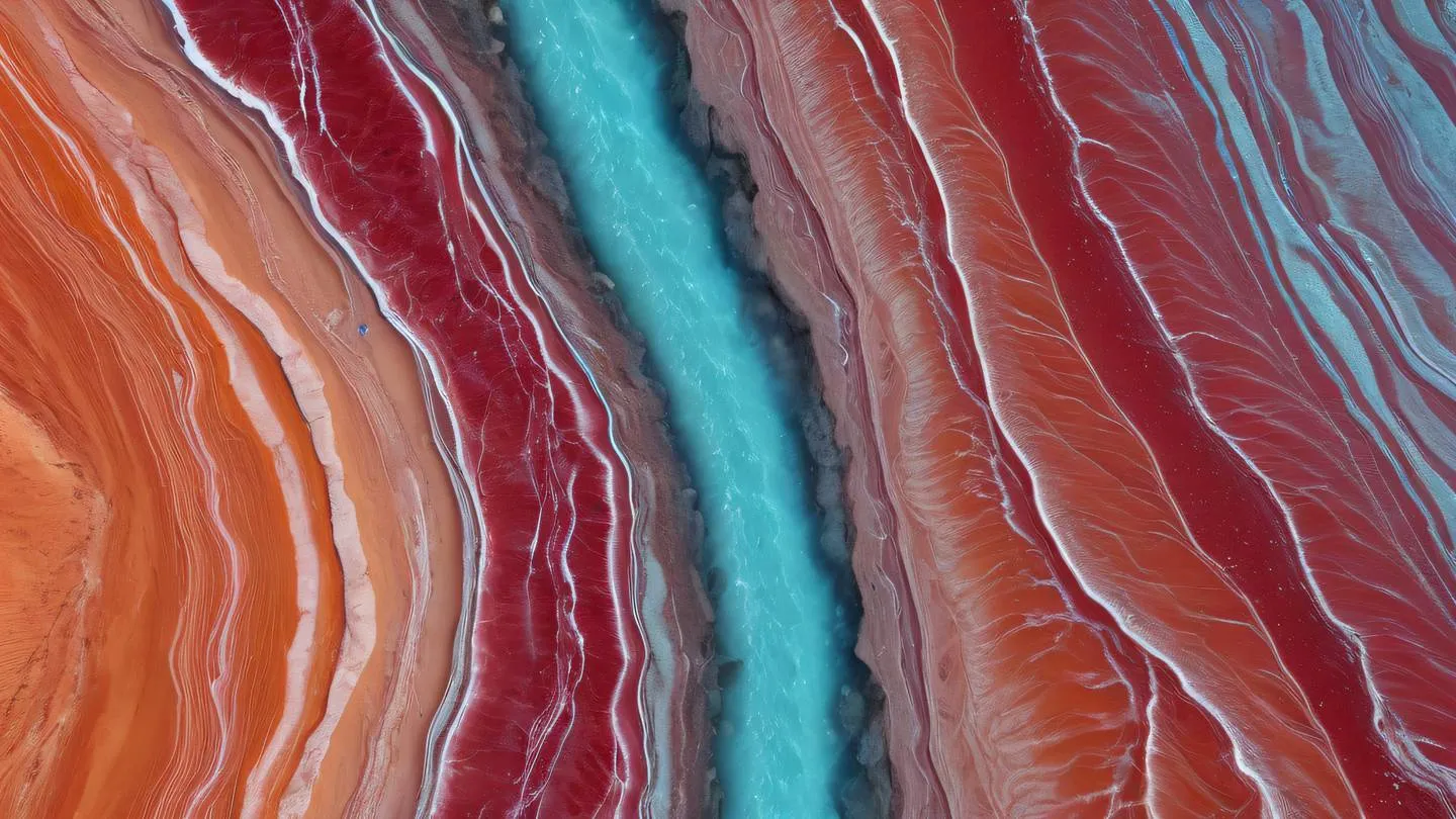 Flowing water streams dividing into multiple channels from aerial view featuring baby blue and salmon-orange colors merging into peach streams against a ruby red background photographed from top-down perspective high-quality ultra-realistic cinematic 8K UHD high resolution sharp and detail