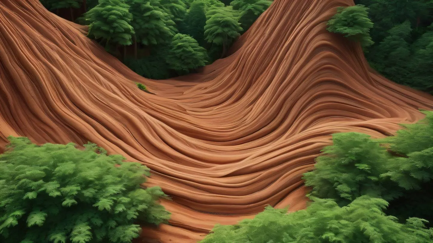 Organic terracotta-colored clay formations intertwined with lush forest green elements creating a natural abstract pattern. Captured from a diagonal angle to show depth and texture high-quality ultra-realistic cinematic 8K UHD high resolution sharp and detail