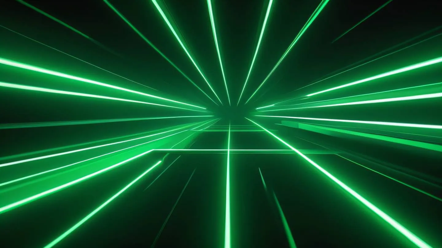 Abstract minimalist composition of neon green light beams cutting through dark green geometric shapes photographed from a dramatic side angle with strong directional lighting high-quality ultra-realistic cinematic 8K UHD high resolution sharp and detail