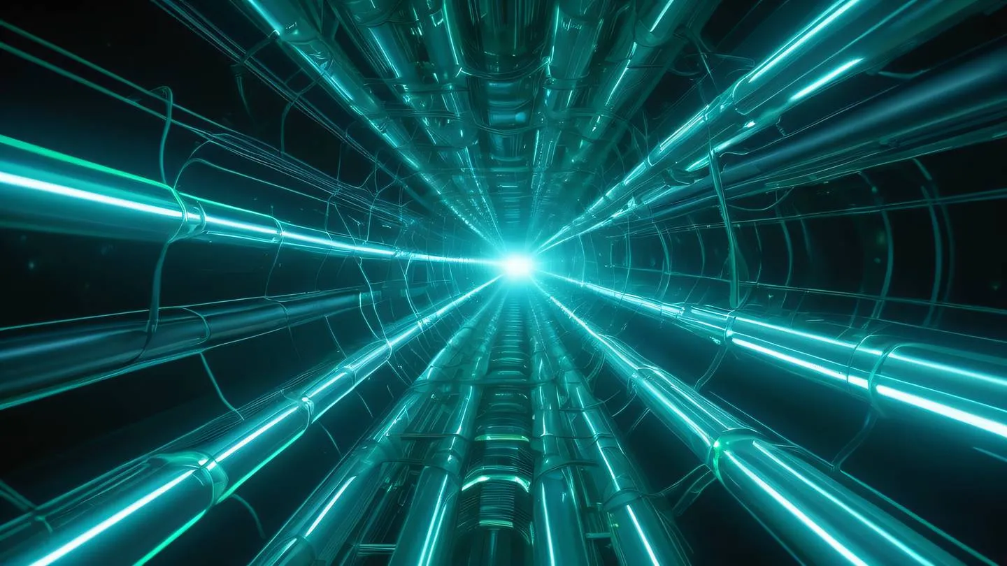 A futuristic abstract network of interconnected pathways floating in space featuring glowing neon blue and electric green energy streams flowing through transparent tubes overhead camera angle looking down with soft volumetric lighting and geometric patterns high-quality ultra-realistic cinematic 8K UHD high resolution sharp and detail