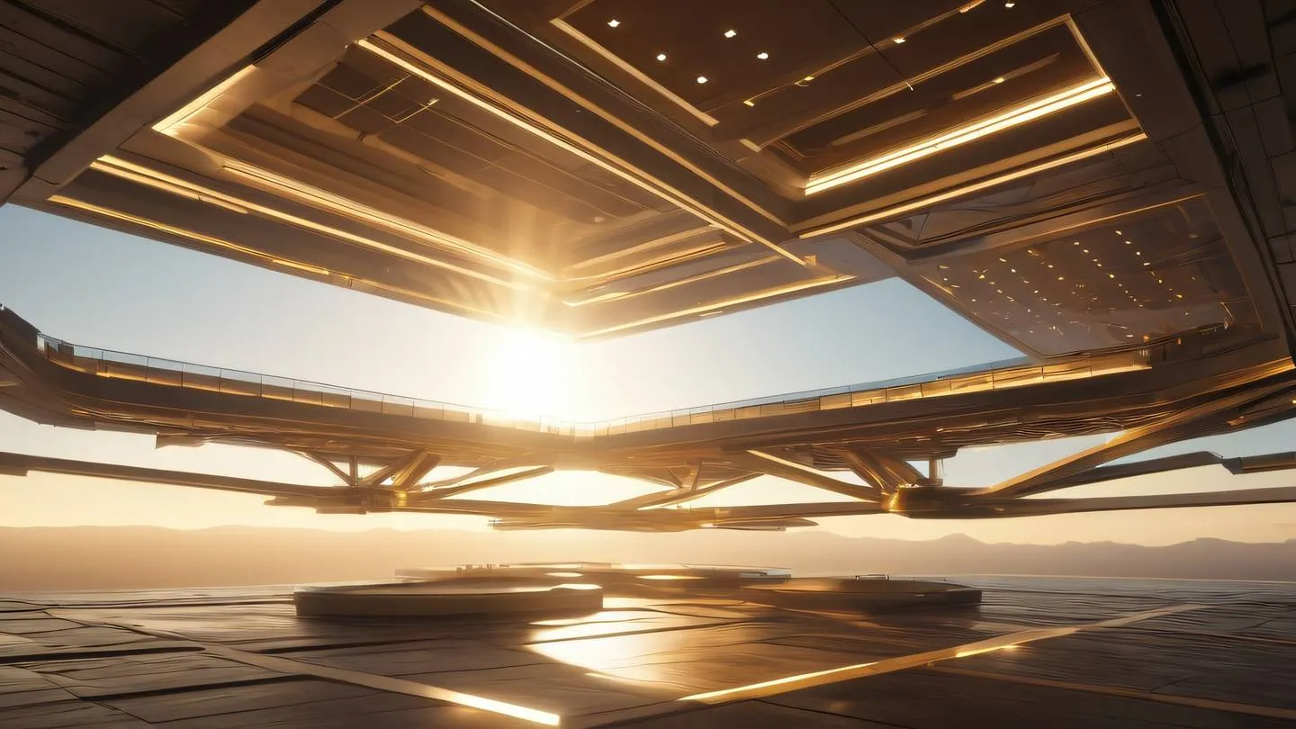 Abstract architectural visualization of interconnected floating platforms in space contemporary brown and warm golden light streams connecting geometric shapes dramatic low angle view with rays of sunshine breaking through clouds high-quality ultra-realistic cinematic 8K UHD high resolution sharp and detail