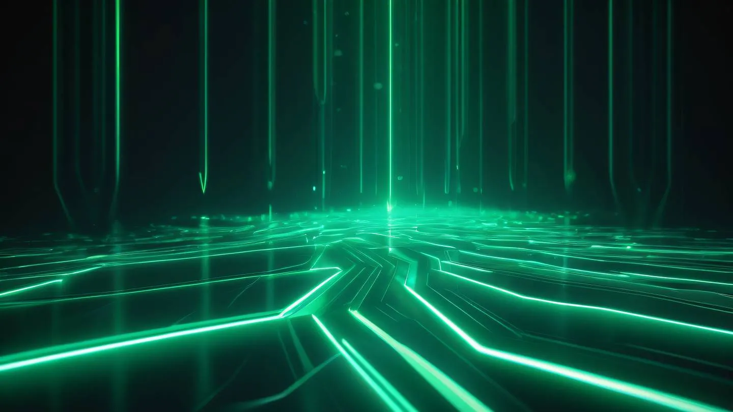 Flowing streams of bright green and cyan light creating pathway patterns against a dark background floating geometric shapes connected by energy beams side view perspective with soft atmospheric effects high-quality ultra-realistic cinematic 8K UHD high resolution sharp and detail