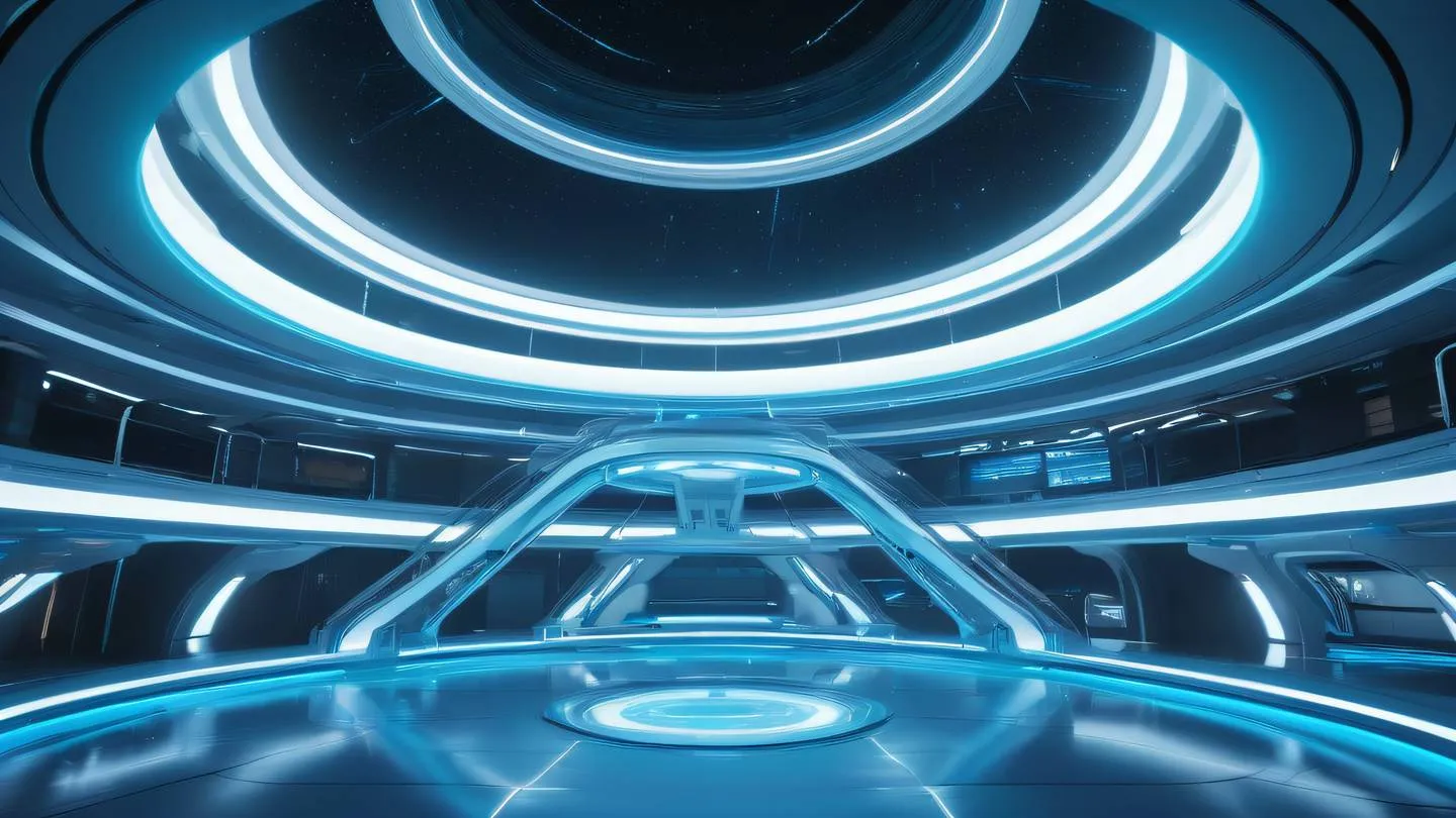 Elegant architectural interior space station with smooth curves and floating platforms bright turquoise and electric blue light streams flowing through transparent structures wide angle view from ground up with gentle ambient lighting high-quality ultra-realistic cinematic 8K UHD high resolution sharp and detail