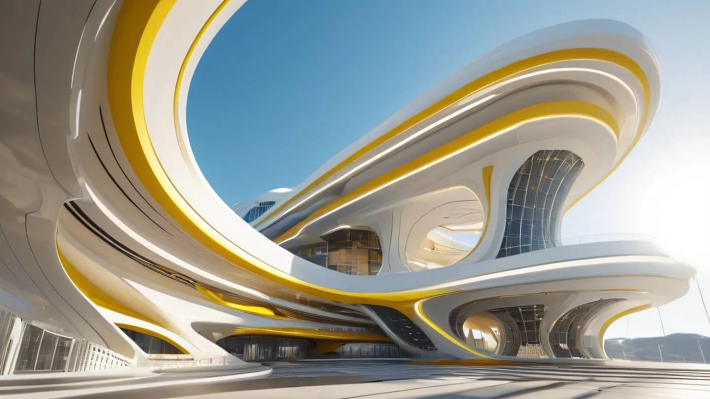 A futuristic abstract architectural structure with flowing curves and geometric patterns dominated by bright sunshine yellow and white accents shot from a low upward angle perspective high-quality ultra-realistic cinematic 8K UHD high resolution sharp and detail