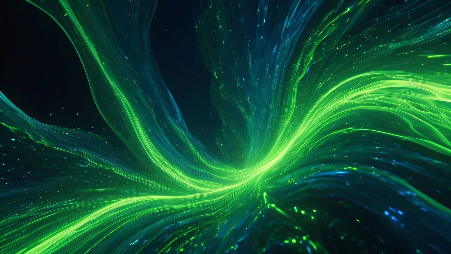 An abstract fluid design with interweaving streams of fluorescent green and sapphire blue elements flowing through space captured from a bird's eye view perspective high-quality ultra-realistic cinematic 8K UHD high resolution sharp and detail