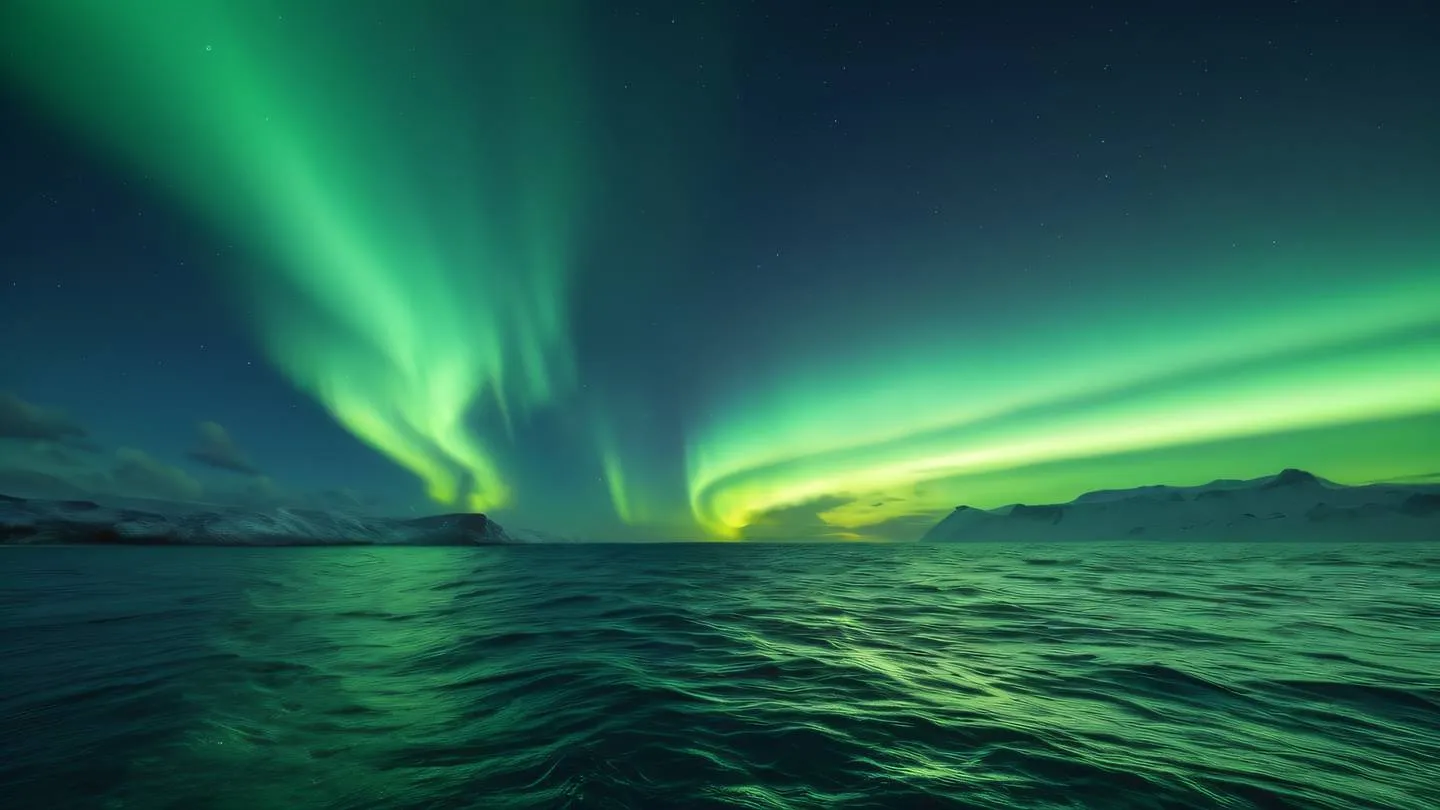 A serene ocean landscape with gentle waves featuring vibrant lime green auroras in the sky above shot from a horizontal eye-level perspective high-quality ultra-realistic cinematic 8K UHD high resolution sharp and detail