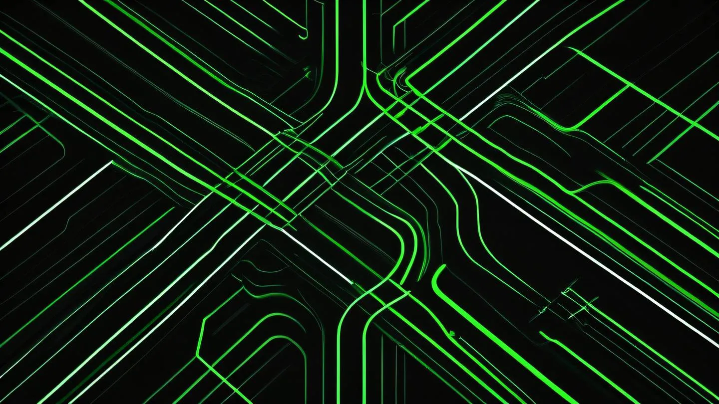 A minimalist geometric abstract pattern representing interconnected paths and routes featuring bright neon green lines against a deep black background captured from a top-down perspective high-quality ultra-realistic cinematic 8K UHD high resolution sharp and detail