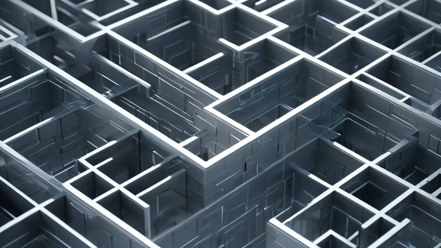 An abstract architectural maze-like structure with clean lines and geometric shapes featuring holographic silver and metallic reflections shot from an isometric angle high-quality ultra-realistic cinematic 8K UHD high resolution sharp and detail