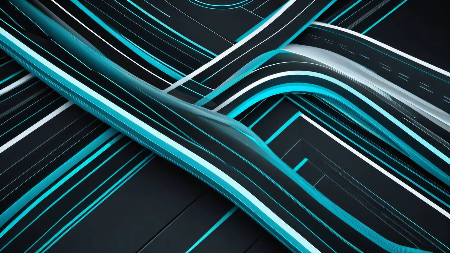 A flowing abstract composition of interweaving pathways and barriers with bright cyan and white elements against a black backdrop photographed from a diagonal perspective high-quality ultra-realistic cinematic 8K UHD high resolution sharp and detail