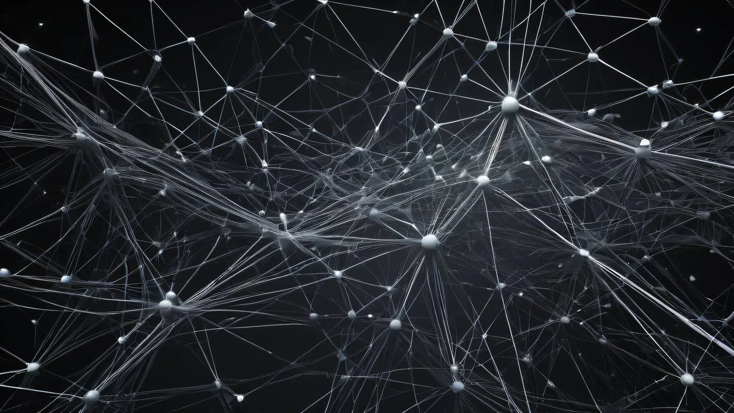 An abstract network of interconnected nodes and pathways featuring minimal white and light gray elements flowing through a stark black background viewed from a bird's eye perspective high-quality ultra-realistic cinematic 8K UHD high resolution sharp and detail