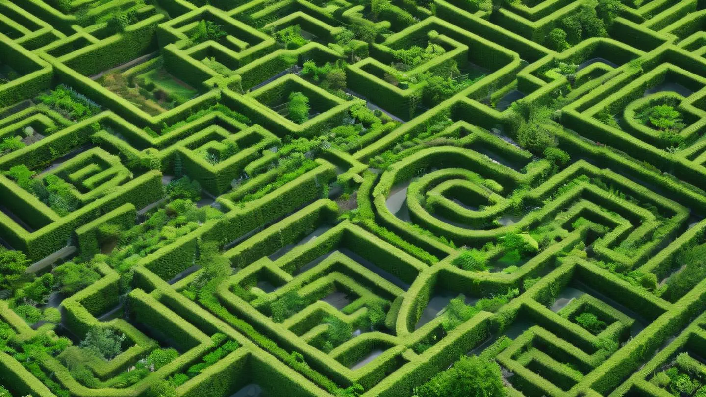 A minimalist abstract garden maze viewed from top-down aerial perspective featuring intricate pathways in bright neon green and off-white colors against a clean white background showcasing interconnected routes and patterns high-quality ultra-realistic cinematic 8K UHD high resolution sharp and detail