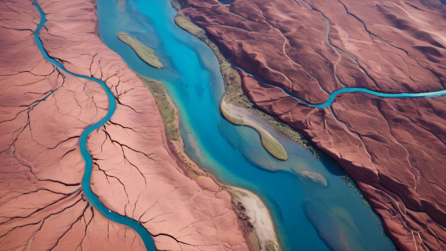 Abstract flowing river system branching into multiple streams captured from bird's eye view featuring bright blue waterways against rose-colored terrain showing natural path divisions and connections high-quality ultra-realistic cinematic 8K UHD high resolution sharp and detail