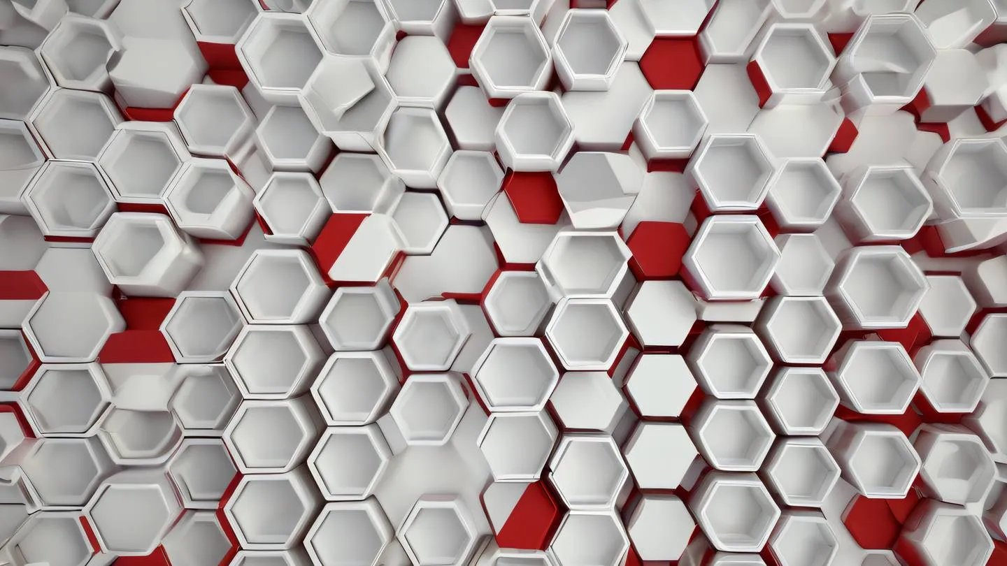 Abstract geometric texture with interconnected hexagonal shapes viewed straight on featuring bright off-white and red colors creating a honeycomb-like pattern symbolizing connected systems high-quality ultra-realistic cinematic 8K UHD high resolution sharp and detail