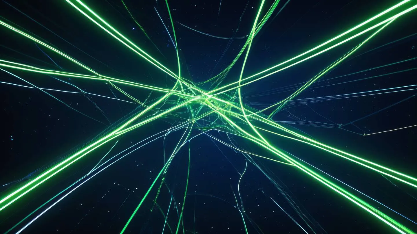 Abstract space art featuring intertwining pathways and nodes captured from a diagonal perspective with bright neon green and white light trails against a deep blue background representing connected navigation paths high-quality ultra-realistic cinematic 8K UHD high resolution sharp and detail