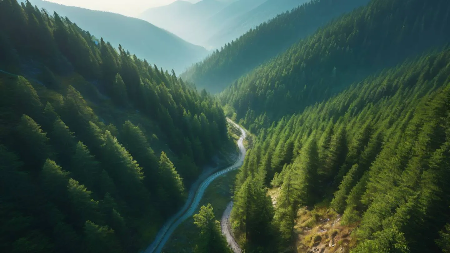 A close-up shot of a winding mountain path through dense forest leading to a misty valley below. Colors: rich emerald green trees turquoise blue mist and golden sunlight filtering through. Camera angle: aerial perspective looking down the winding path. Ultra-realistic cinematic 8K high resolution sharp and detailed