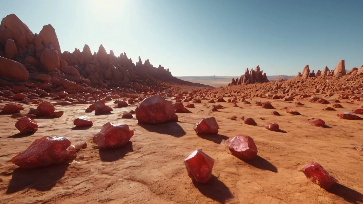 A vast landscape of geometric crystal formations stretching to the horizon with perfect red crystals emerging from ochre-colored ground. Low angle shot from ground level looking up at the formations. Ultra-realistic cinematic 8K UHD high resolution sharp and detailed