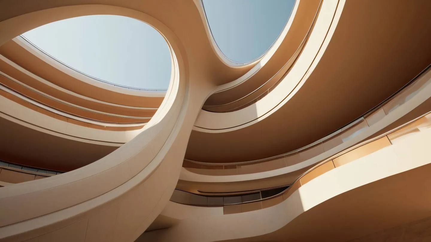 Abstract architectural forms with smooth curved surfaces and flowing lines dominated by warm orange and sandy beige tones shot from a dramatic low angle perspective high-quality ultra-realistic cinematic 8K UHD high resolution sharp and detail