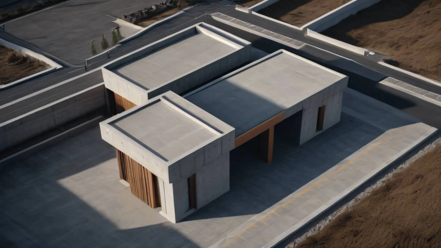 Modern minimalist concrete structures with clean lines and geometric shapes featuring iron grey and walnut brown colors cast in dramatic shadows photographed from an aerial perspective high-quality ultra-realistic cinematic 8K UHD high resolution sharp and detail