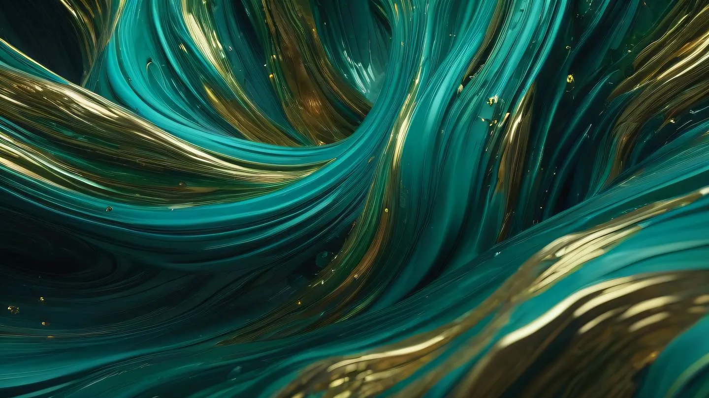 Abstract environmental sculpture with flowing organic forms featuring bright forest green and ocean blue hues with subtle golden accents viewed from a sweeping side angle high-quality ultra-realistic cinematic 8K UHD high resolution sharp and detail