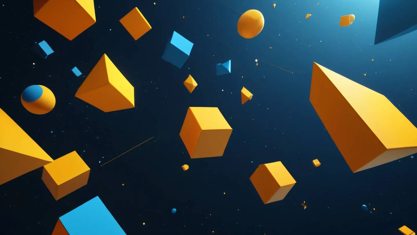 Abstract geometric shapes floating in space with minimalist yellow orange and blue color scheme featuring clean lines and subtle shadows suggesting technological advancement high-quality rendering ultra-realistic lighting 8K UHD photographed from a 45-degree angle