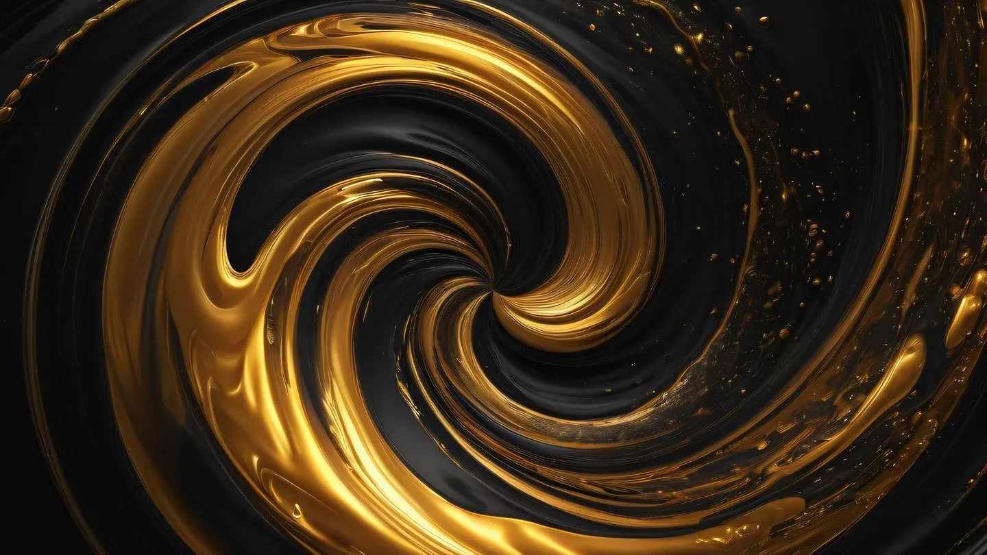 Abstract fluid simulation with swirling patterns of gold and amber hues flowing like liquid metal against a deep black background captured from a top-down perspective high-quality ultra-realistic cinematic 8K UHD high resolution sharp and detail