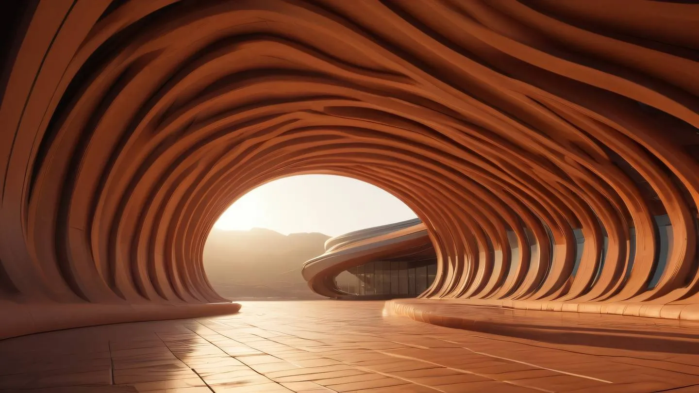 Futuristic architectural structure with flowing lines and curves featuring warm clay and terracotta colors illuminated by golden sunlight shot from a dramatic low angle perspective high-quality ultra-realistic cinematic 8K UHD high resolution sharp and detail