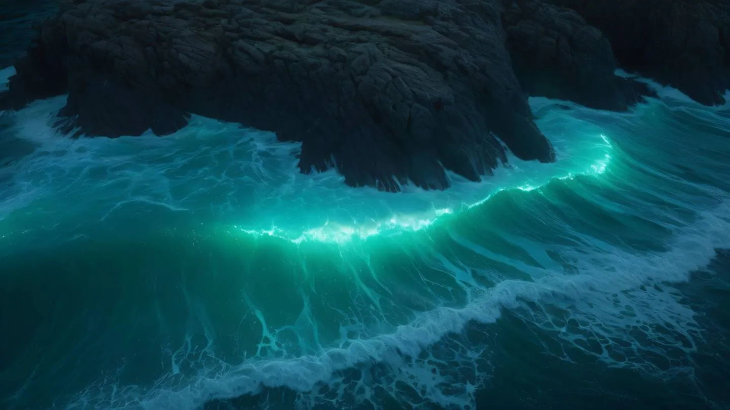 Dynamic ocean waves with bioluminescent neon blue and green colors crashing against dark rocks captured from a slight aerial perspective high-quality ultra-realistic cinematic 8K UHD high resolution sharp and detail