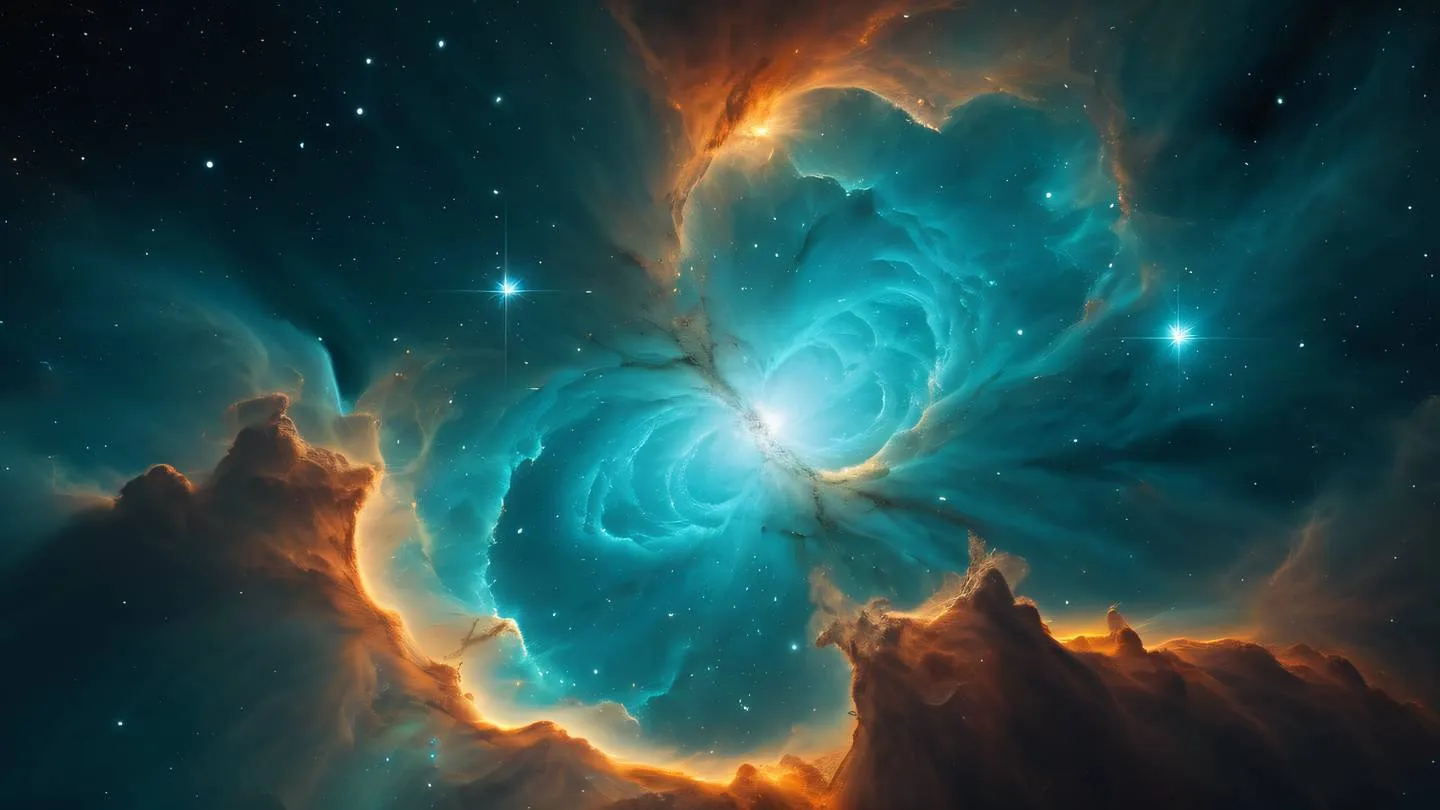 Nebula in space with swirling clouds of bright turquoise and golden orange gases interwoven with streams of light photographed from a wide-angle perspective high-quality ultra-realistic cinematic 8K UHD high resolution sharp and detail