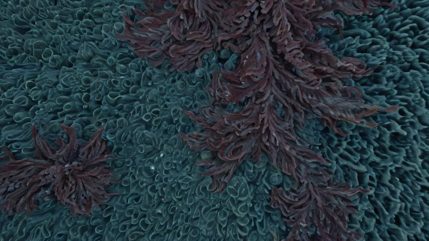 Organic texture pattern with flowing seaweed-like forms in maroon and stone blue colors creating a natural rhythm. Shot from a close-up macro perspective high-quality ultra-realistic cinematic 8K UHD high resolution sharp and detail