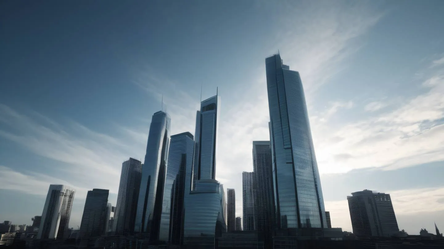 An elegant cityscape silhouette with modern architecture under a dramatic sky in etched glass and whisper white colors shot from a low angle perspective high-quality ultra-realistic cinematic 8K UHD high resolution sharp and detail