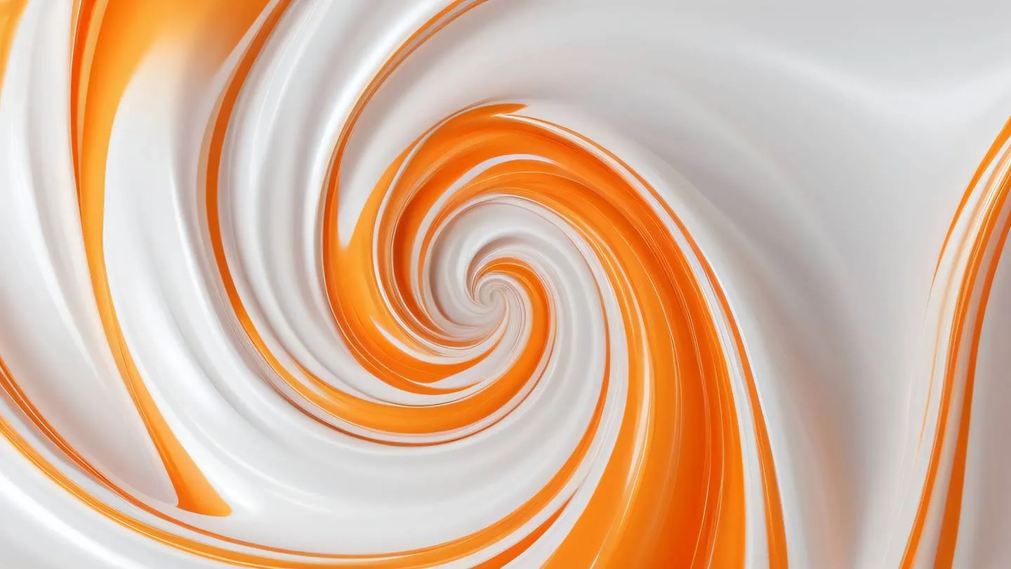 A mesmerizing abstract fluid simulation with flowing gradients of bright orange and white swirling and intertwining like silk ribbons in zero gravity captured from a top-down perspective high-quality ultra-realistic cinematic 8K UHD high resolution sharp and detail