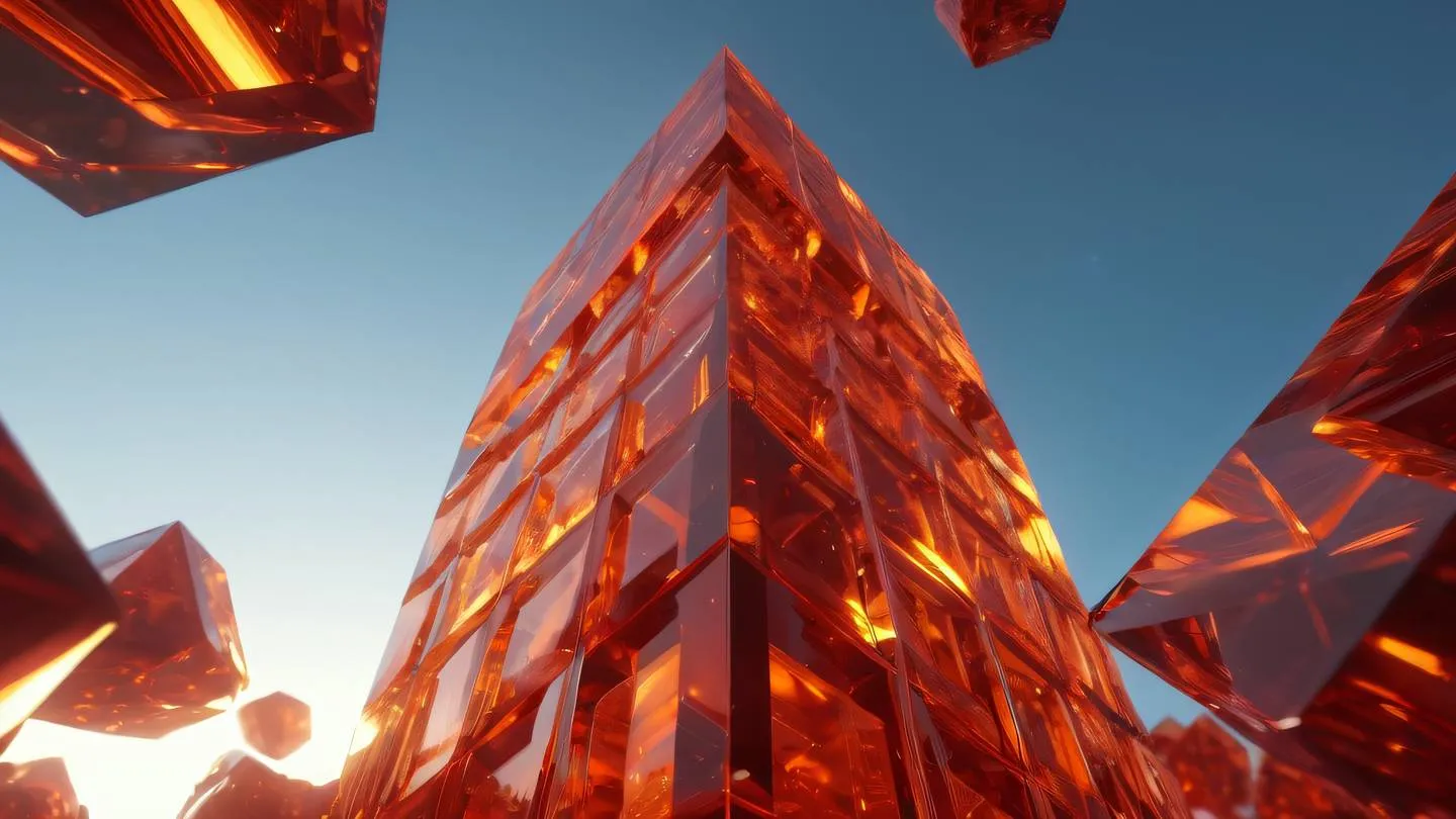 Streams of light passing through a geometric crystal structure casting bold orange and blood red refractions and caustics photographed from a low angle perspective looking upward high-quality ultra-realistic cinematic 8K UHD high resolution sharp and detail