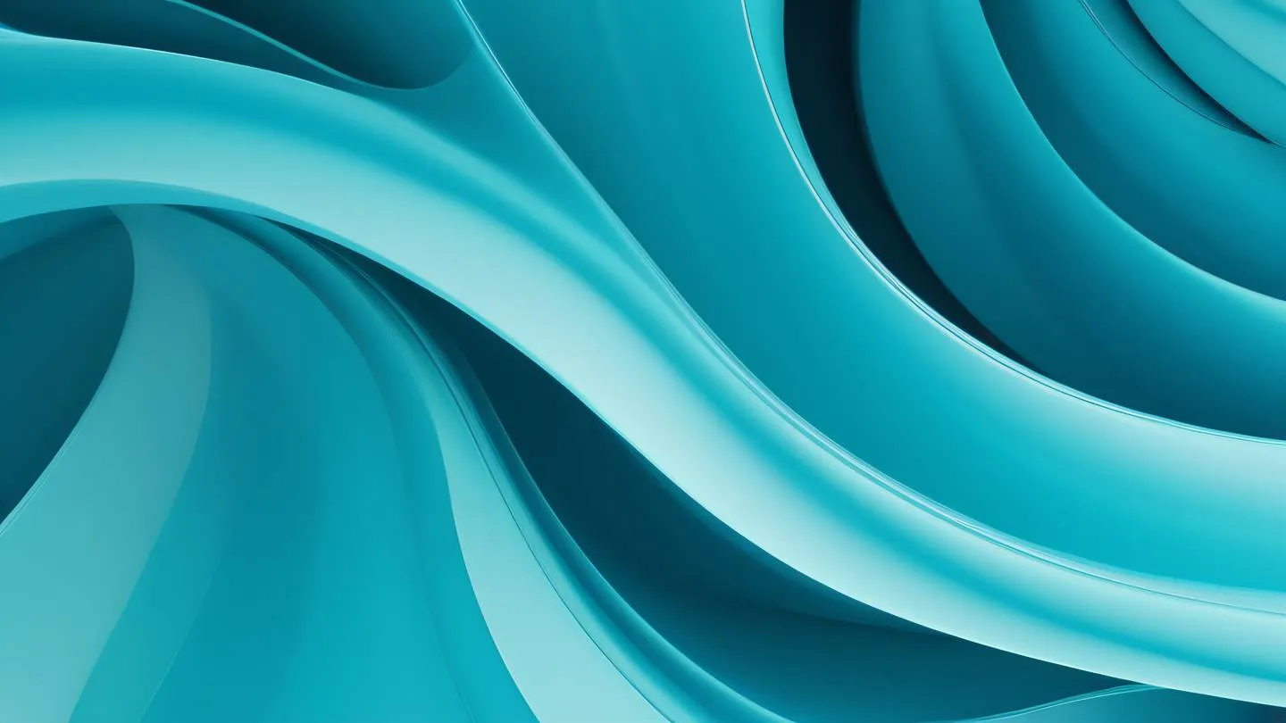 A geometric abstract composition featuring flowing curved lines and shapes in bright cyan turquoise and ocean blue colors suggesting smooth motion and fluidity shot from top-down perspective high-quality ultra-realistic cinematic 8K UHD high resolution sharp and detail