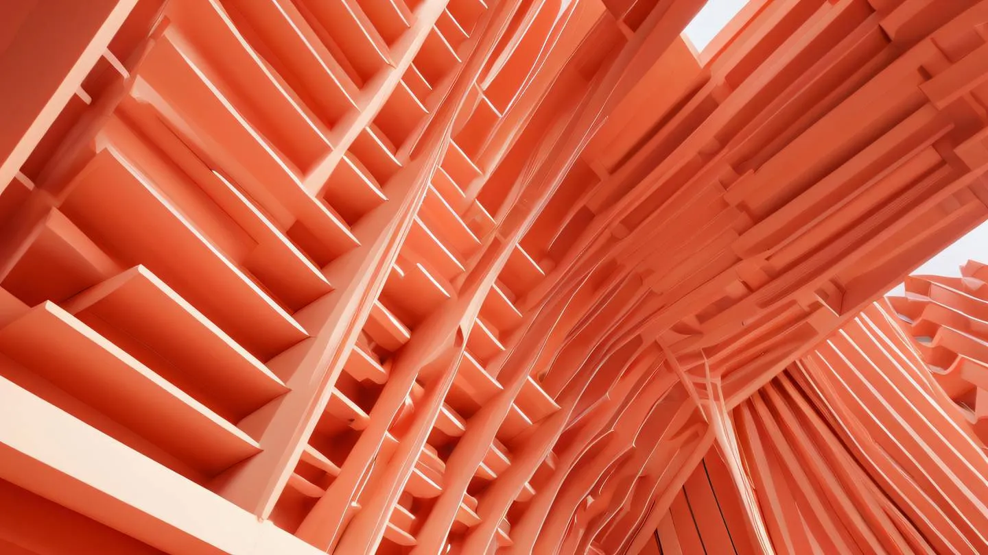 Abstract architectural shapes in bright coral orange and tangerine colors creating dynamic geometric patterns viewed from low angle perspective high-quality ultra-realistic cinematic 8K UHD high resolution sharp and detail