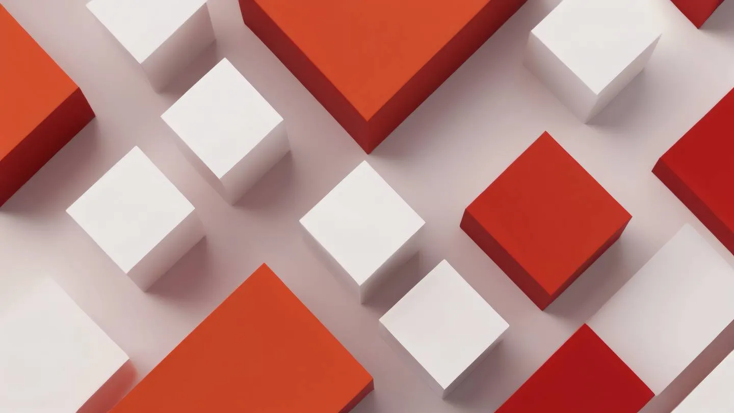 A minimalist abstract composition of interlocking geometric shapes representing testing blocks and components rendered in bold orange and blood red tones with dynamic diagonal lines and clean edges. Shot from top-down perspective high-quality ultra-realistic cinematic 8K UHD high resolution sharp and detail