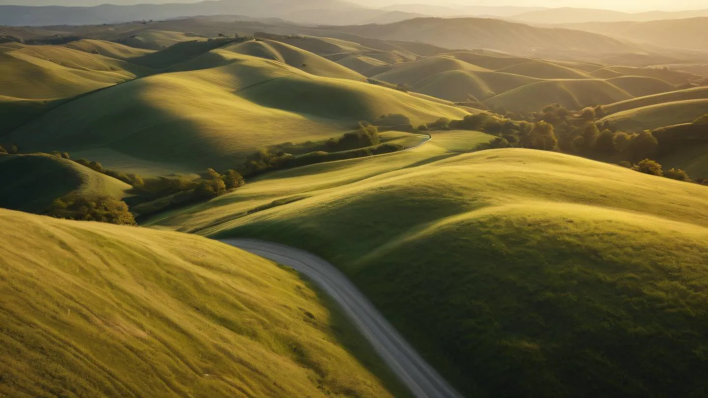 A serene landscape of rolling hills with a single path winding through rendered in amber tones with warm sunlight. Photographed from a bird's eye view perspective high-quality ultra-realistic cinematic 8K UHD high resolution sharp and detail