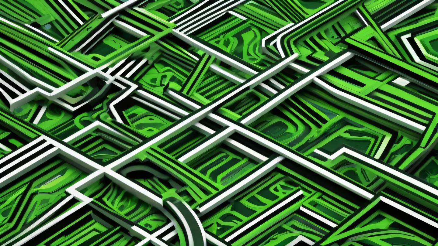 A minimalist abstract composition featuring interwoven geometric shapes and flowing lines in bright green black and white colors representing interconnected testing components. Shot from top-down perspective high-quality ultra-realistic cinematic 8K UHD high resolution sharp and detail