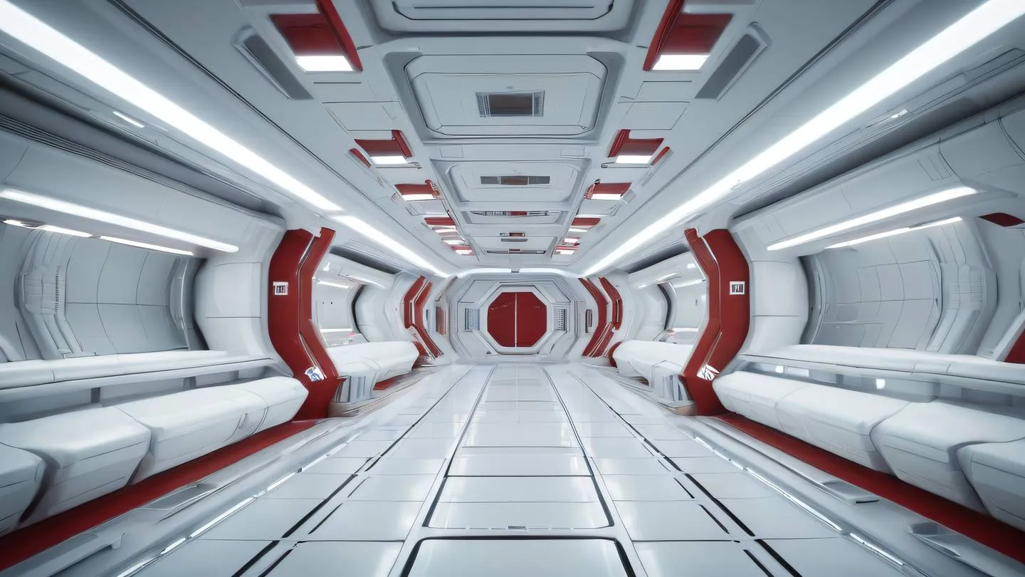 A serene space station interior with clean geometric lines and metallic surfaces in white and red color scheme focusing on systematic organization. Shot from a low angle perspective high-quality ultra-realistic cinematic 8K UHD high resolution sharp and detail