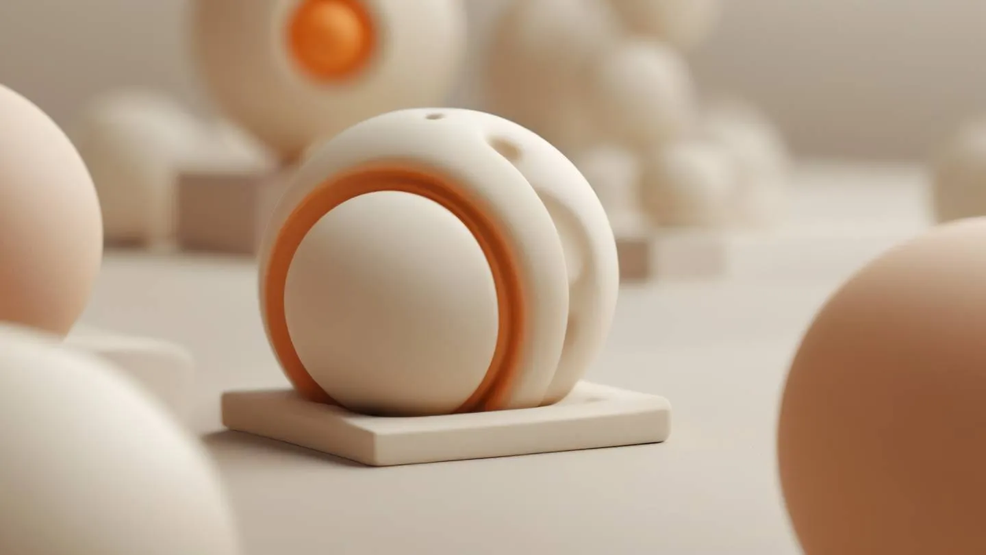 A clay sculpture abstract representation of interconnected spheres and cubes in bright creamy colors with subtle orange highlights symbolizing perfect harmony in testing. Captured from a close-up perspective high-quality ultra-realistic cinematic 8K UHD high resolution sharp and detail