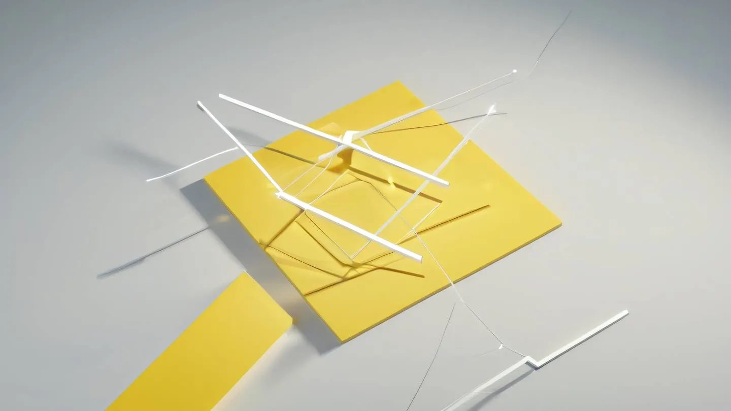 An abstract representation of debugging tools with floating geometric shapes and connecting lines dominated by canary yellow and white gradient sharp clean lines and polygons casting shadows ultra-realistic lighting effects shot from above with slight tilt high-quality ultra-realistic cinematic 8K UHD high resolution sharp and detail