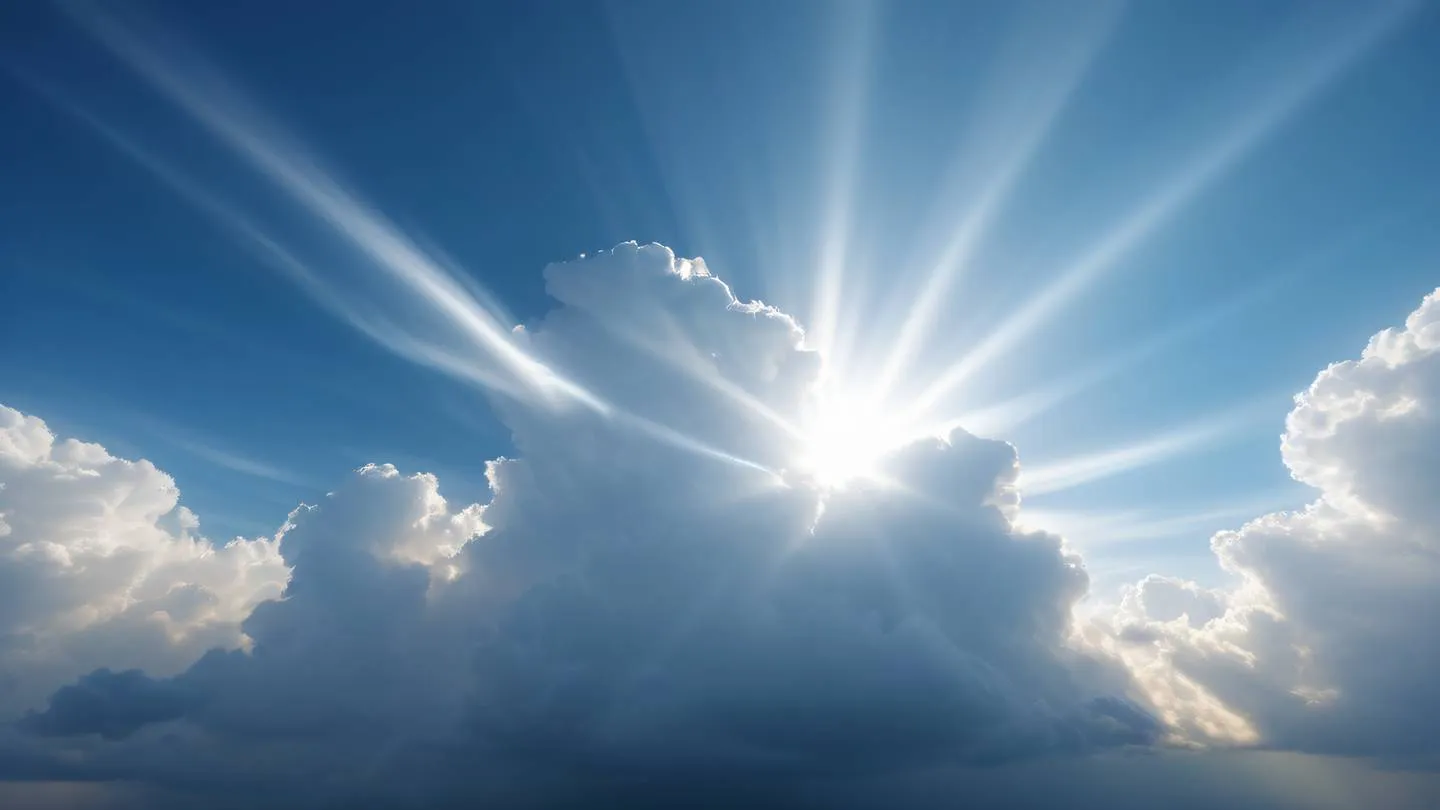 Abstract cloud formations with light rays breaking through ethereal wisps in breezeway blue and whisper white colors captured from ground perspective looking up natural lighting with sun barely visible high-quality ultra-realistic cinematic 8K UHD high resolution sharp and detail