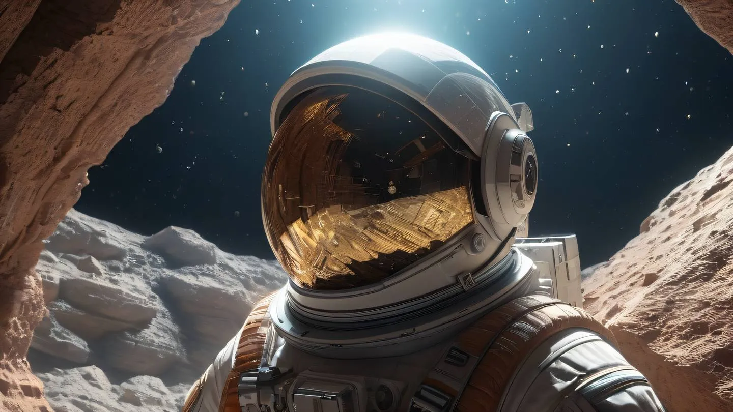 Geometric abstract space scene with an astronaut's helmet reflecting crystalline formations sun-washed brick and etched glass colors view from side angle with dramatic lighting high-quality ultra-realistic cinematic 8K UHD high resolution sharp and detail