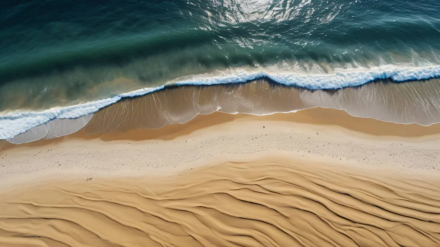 Abstract beach scene with crystalline waves and geometric sand patterns yellow and off-black gradient with white highlights captured from drone perspective looking down natural sunlight creating dynamic shadows high-quality ultra-realistic cinematic 8K UHD high resolution sharp and detail