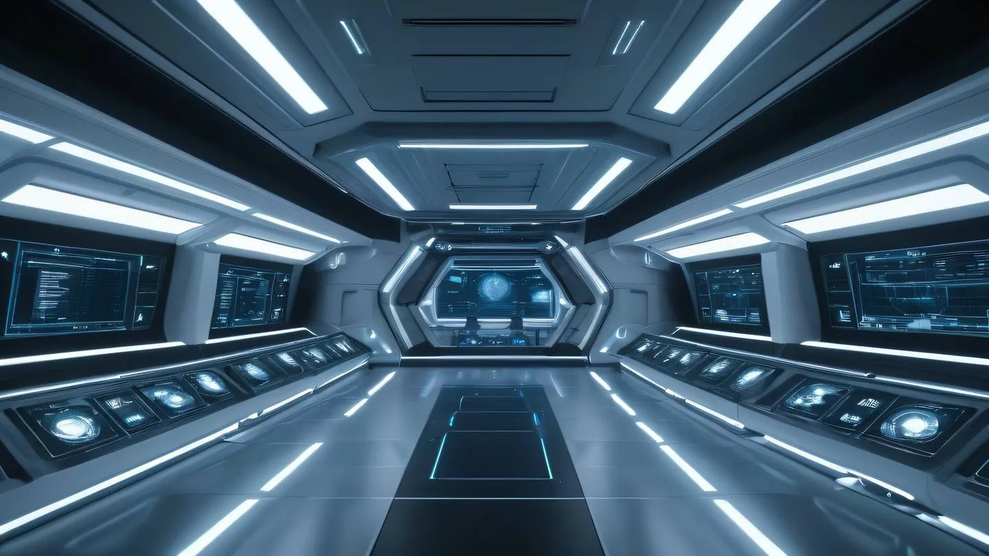 Futuristic spaceship control room interior with holographic displays floating in air featuring clean lines and geometric shapes dominated by whisper white and silver accents ultra-realistic cinematic lighting 8K UHD high resolution sharp detail shot from low angle perspective looking upward