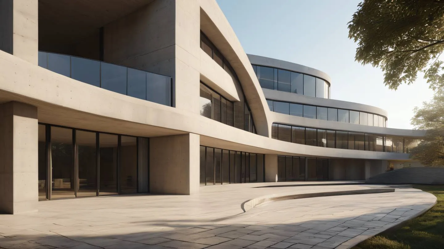 Modern concrete architecture with sweeping curves and large glass windows reflecting sun-washed brick colors and natural light geometric patterns casting shadows ultra-realistic cinematic 8K UHD high resolution sharp detail shot from ground level with dramatic perspective