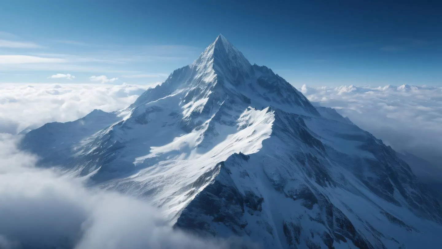 Majestic snowy mountain peak piercing through clouds bathed in etched glass and breezeway blue colors dramatic lighting and atmosphere ultra-realistic cinematic 8K UHD high resolution sharp detail captured from aerial perspective