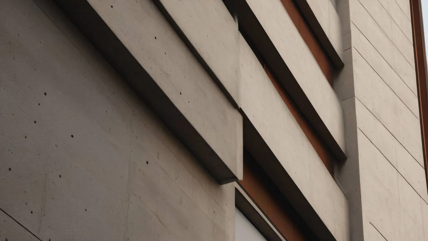 A minimalist modern concrete building facade with geometric patterns and sharp angles featuring rich brown and mahogany with cream colors captured from a low perspective angle with dramatic lighting high-quality ultra-realistic cinematic 8K UHD high resolution sharp and detail