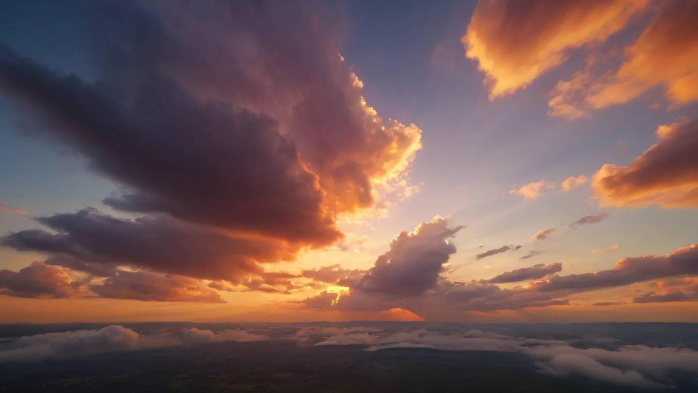 Dramatic sky scene with scattered clouds during golden hour featuring perfect red ochre and grapeseed colors shot from below looking up high-quality ultra-realistic cinematic 8K UHD high resolution sharp and detail