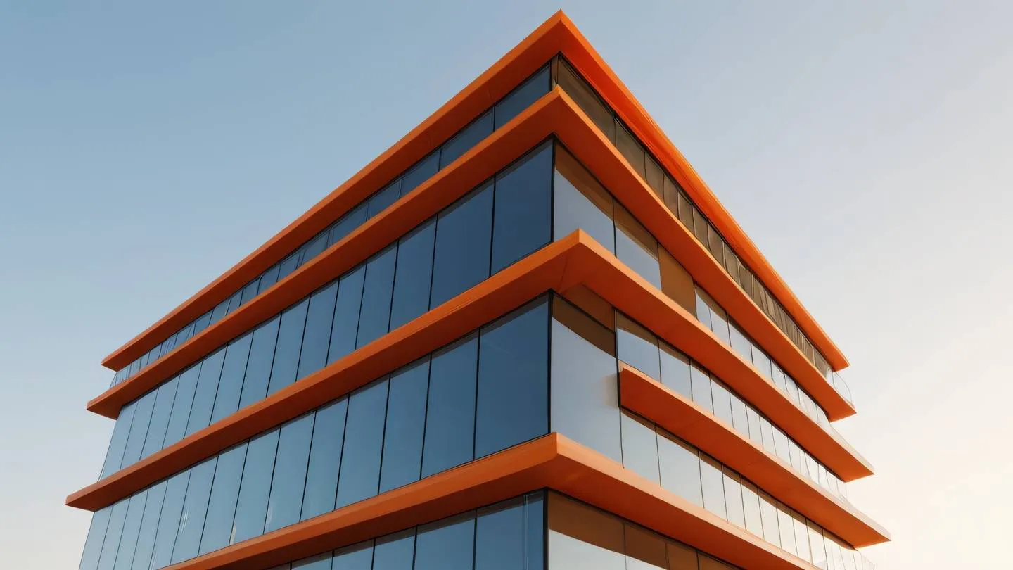 Modern minimalist architectural structure with clean lines and geometric patterns featuring bold orange and warm golden tones against a clear sky photographed from a low angle perspective high-quality ultra-realistic cinematic 8K UHD high resolution sharp and detail